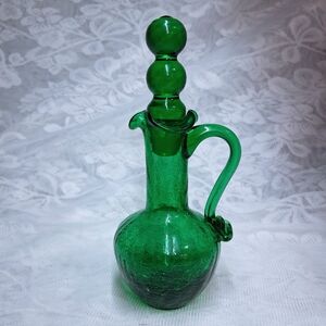 Vintage Blenko Emerald Green Crackle Glass Cruet Pitcher Double Bubble Stopper